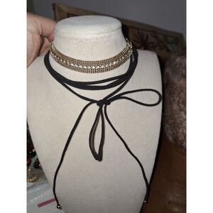 A Rhinestone Wrap Choker Necklace Black Suede Ties Bohemian Gold Tone